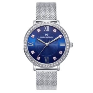 RELOJ DE MUJER MALLA MILANESA ESFERA AZUL MARINO BISEL CIRCONITAS MARK MADDOX MM1004-33